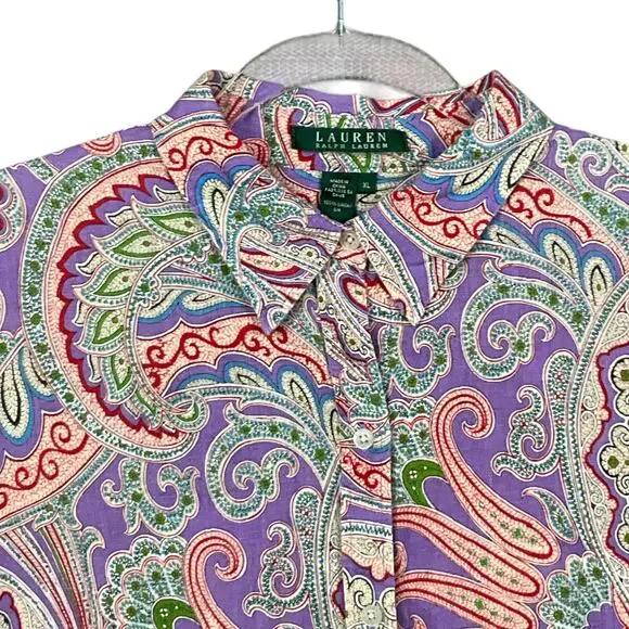 LAUREN RALPH LAUREN Shirt Top Linen Paisley Print Art ColorButton Up Down XL - Picture 4 of 12